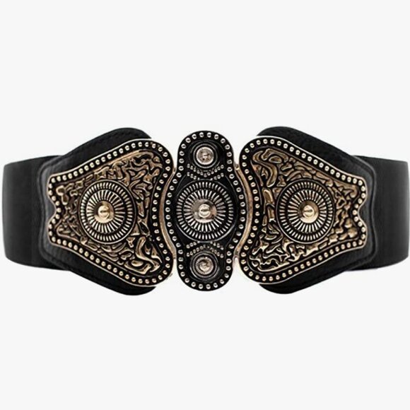 Retro Black & Bronze Chunky Metal Buckle Wide Waistbelt Stretchy Cincher Belt - Picture 5 of 7